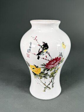 Vintage Chinese Porcelain Vase Bird and Flowers Motif Calligraphy Signed Red Sea